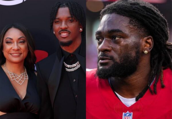 Left: smiling woman in black dress with geometric necklace beside a man in a black suit at a red carpet event. Right: close-up of a football player in a red jersey with dreadlocks and beard.