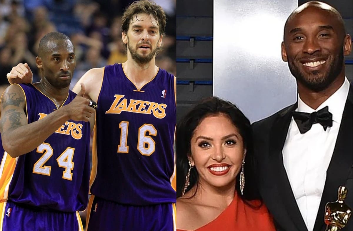 Two Lakers players in purple-and-gold jerseys (numbers 24 and 16) pose with a smiling couple in formal wear at an event.