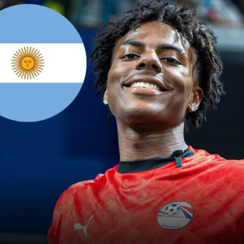 Smiling Black female athlete in a red jersey, with the Argentina flag graphic overlayed on the left side of the image.