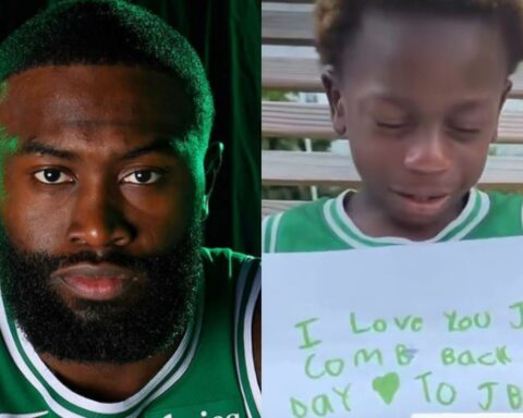 Split image: left a close-up of a man with a beard in a green jersey; right a boy in a green jersey holding a sign that reads, "I love you JB, come back one day to JB."