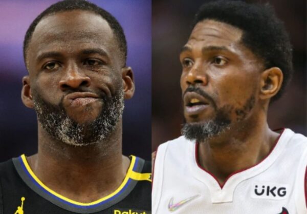 Side-by-side close-up of two male basketball players, one in a black jersey with yellow trim and the other in a white jersey with red trim, both looking off-camera.