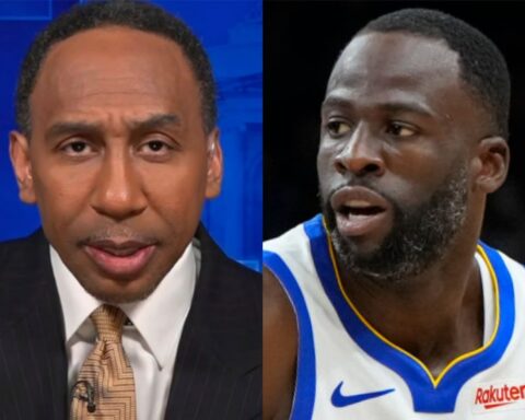 Split image: a man in a dark suit and beige tie on the left, and a basketball player in a white-and-blue jersey on the right.