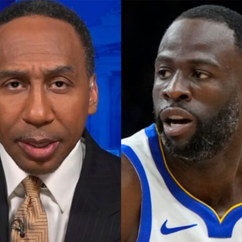 Split image: a man in a dark suit and beige tie on the left, and a basketball player in a white-and-blue jersey on the right.
