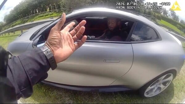 Person with a dark sleeve raises a hand toward a silver car window as the driver looks surprised; grassy roadside with guardrail in background.