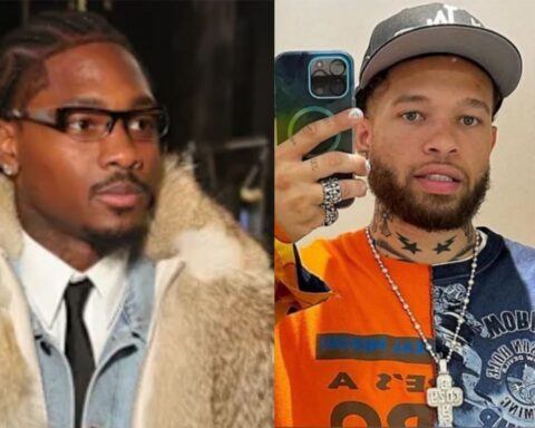 Side-by-side image of two men: left man wearing glasses and a fur coat with a denim jacket and tie; right man wearing a cap, necklace, and orange graphic shirt, taking a mirror selfie with a smartphone.