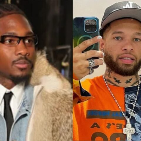 Side-by-side image of two men: left man wearing glasses and a fur coat with a denim jacket and tie; right man wearing a cap, necklace, and orange graphic shirt, taking a mirror selfie with a smartphone.