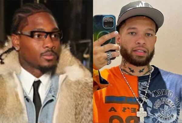 Side-by-side image of two men: left man wearing glasses and a fur coat with a denim jacket and tie; right man wearing a cap, necklace, and orange graphic shirt, taking a mirror selfie with a smartphone.