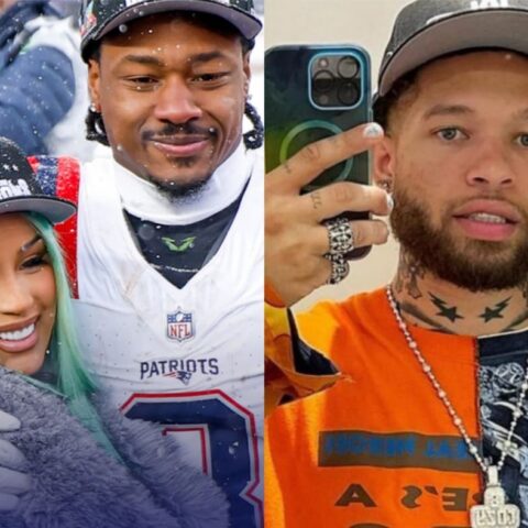 Left side: a woman with mint-green hair wearing a black championship cap, smiling, beside a man in a Patriots football jersey in a snowy scene.