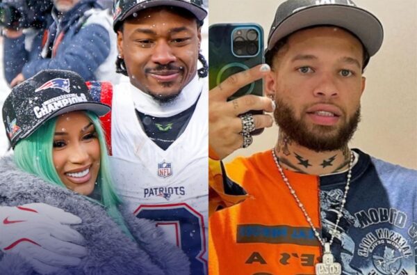 Left side: a woman with mint-green hair wearing a black championship cap, smiling, beside a man in a Patriots football jersey in a snowy scene.