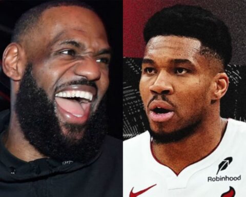Two close-up portraits side by side: left person laughing with mouth open and beard, right person looking surprised in a white sports jersey.
