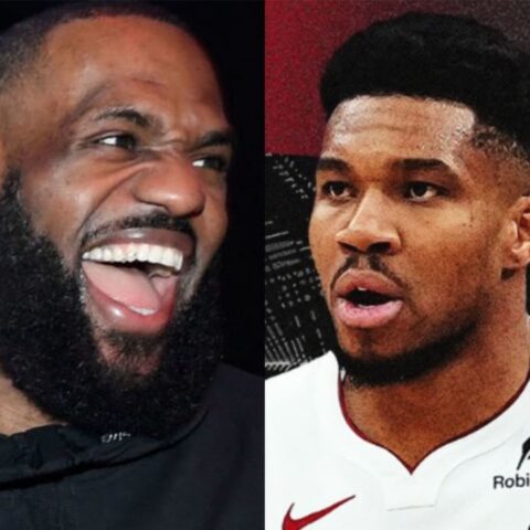 Two close-up portraits side by side: left person laughing with mouth open and beard, right person looking surprised in a white sports jersey.