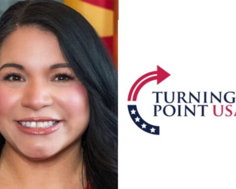 Smiling woman with dark hair beside a Turning Point USA logo on the right side of the image.