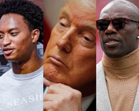 Triptych of three men: left a young man in a light gray sweatshirt, center a contemplative older man with his chin on his hand, right a man in sunglasses and a tan turtleneck.