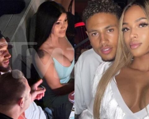 Two-panel social shot: left shows a group of friends chatting at a party; right shows a man and woman posing for a selfie.