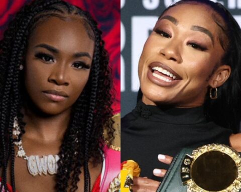 Split image: left—young woman with long box braids in pink, wearing a large white necklace; right—smiling woman with dark hair holding a gold championship belt.