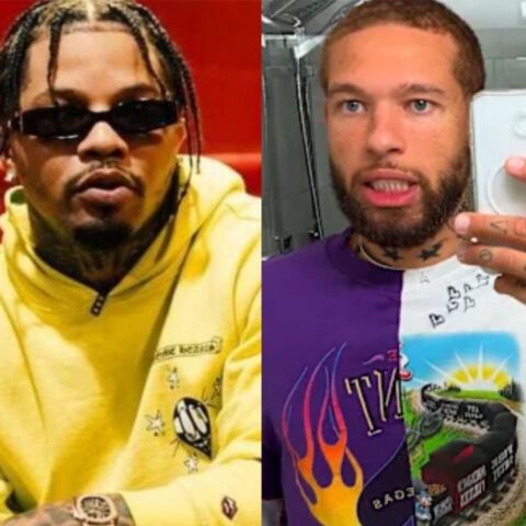 Side-by-side photo of two men: left, a man with braided hair wearing a yellow hoodie and dark sunglasses; right, a bearded man in a purple graphic tee taking a mirror selfie with a white phone, tattoos on his neck and hands.