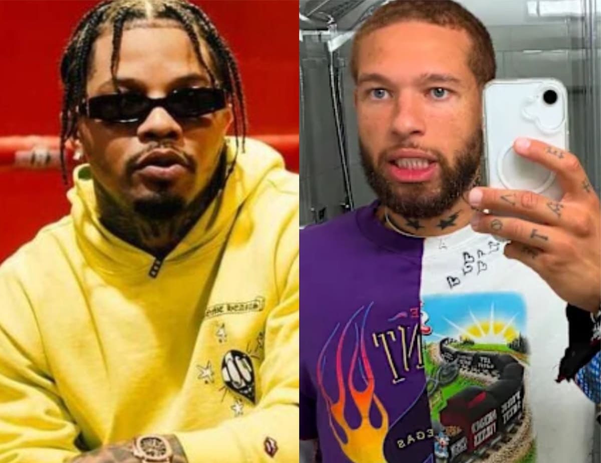 Side-by-side photo of two men: left, a man with braided hair wearing a yellow hoodie and dark sunglasses; right, a bearded man in a purple graphic tee taking a mirror selfie with a white phone, tattoos on his neck and hands.