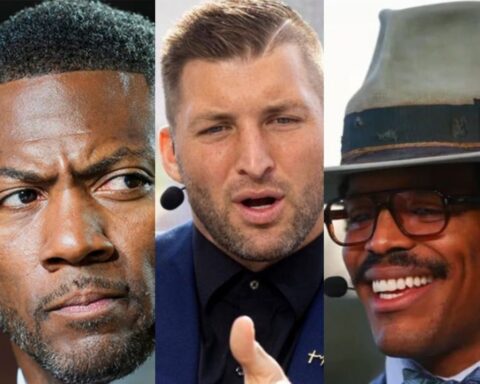 Triptych of three men: left man with short curly hair and stubble looking to the side, center man speaking with a headset microphone, right man wearing a hat, glasses, and smiling with a microphone