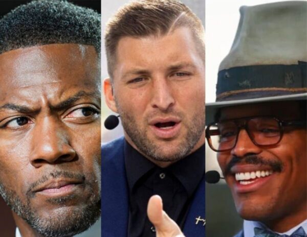 Triptych of three men: left man with short curly hair and stubble looking to the side, center man speaking with a headset microphone, right man wearing a hat, glasses, and smiling with a microphone