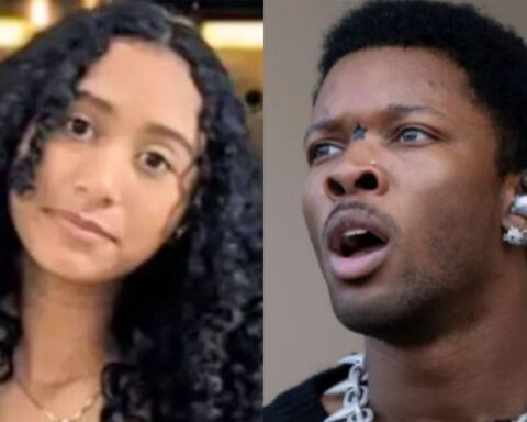 Side-by-side: left a young woman with long curly hair and a gentle smile; right a man with short hair, earrings, and an open mouth as if singing.