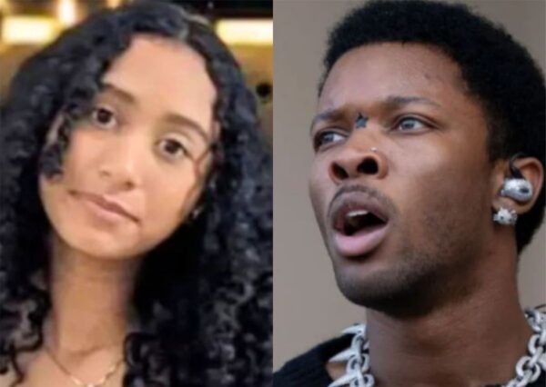 Side-by-side: left a young woman with long curly hair and a gentle smile; right a man with short hair, earrings, and an open mouth as if singing.