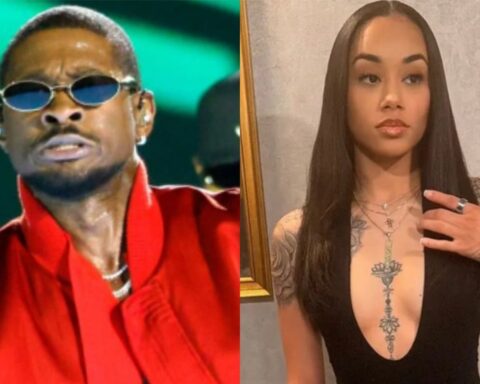 Split image: left man in a red jacket and sunglasses performing on stage; right woman with long dark hair, tattoos, and a plunging black top indoors.