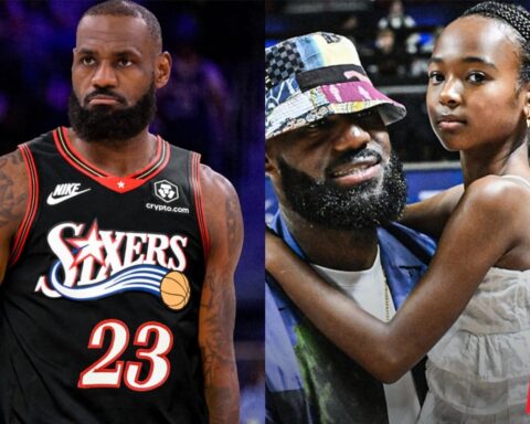 Left: muscular basketball player in a black Philadelphia 76ers jersey with number 23; right: bearded man in a colorful bucket hat embracing a young girl in a white dress.