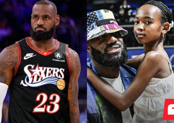 Left: muscular basketball player in a black Philadelphia 76ers jersey with number 23; right: bearded man in a colorful bucket hat embracing a young girl in a white dress.