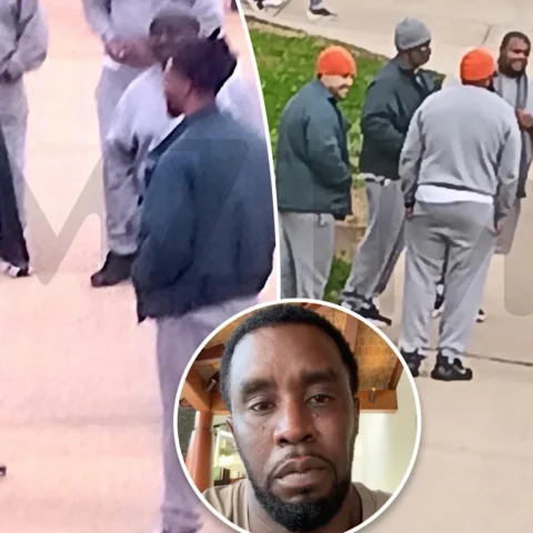 Split image: a group of men in hoodies and beanies standing on a sidewalk, with a circular inset portrait of a man's face overlaid in the foreground.