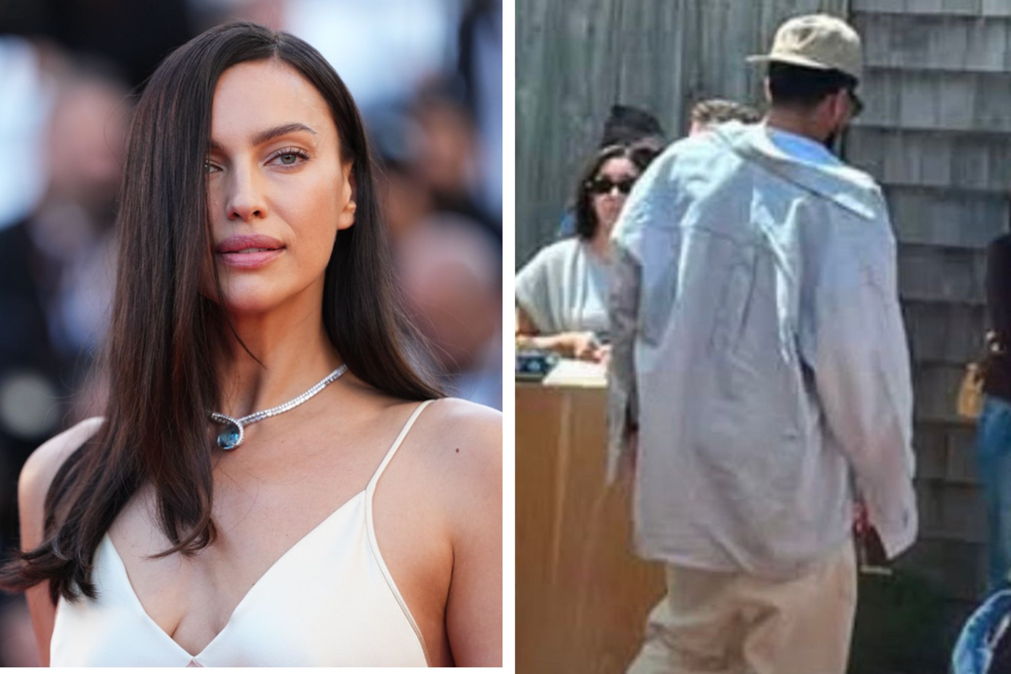 Left: close-up of a woman with long dark hair in a white dress; right: person in a light protective suit walking away outdoors.