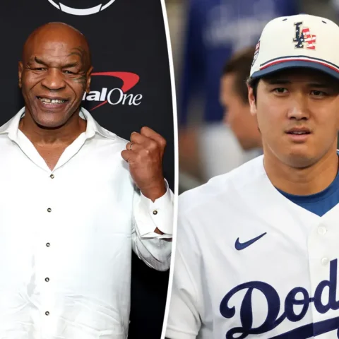 Left: Mike Tyson in a white button-down shirt with fists raised, smiling; right: a baseball player in a Dodgers uniform and cap, looking ahead.