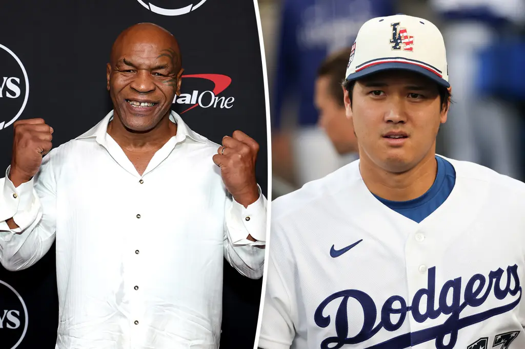 Left: Mike Tyson in a white button-down shirt with fists raised, smiling; right: a baseball player in a Dodgers uniform and cap, looking ahead.