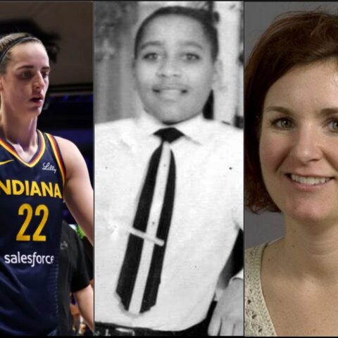 Triple-panel collage: a female Indiana basketball player on the left, a man in a white shirt and striped tie in the center, and a smiling woman with short red hair on the right.