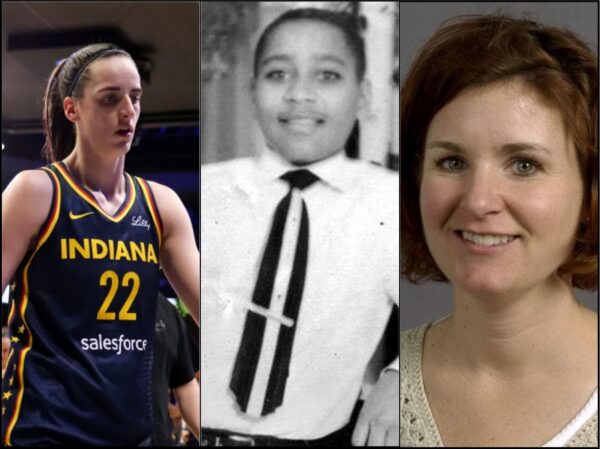 Triple-panel collage: a female Indiana basketball player on the left, a man in a white shirt and striped tie in the center, and a smiling woman with short red hair on the right.