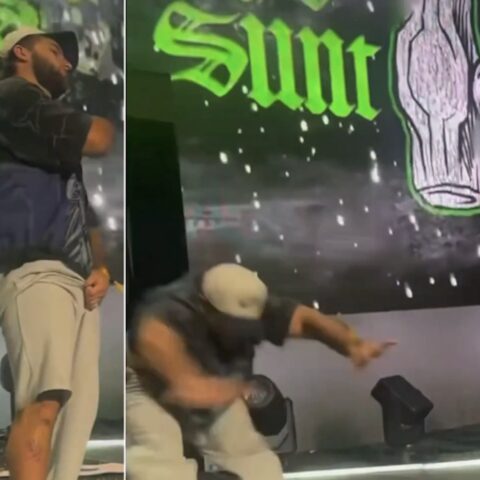 Two-panel street scene: left — man wearing a cap and dark shirt stands with a clenched fist; right — another man in a light cap lunges, arm extended, against a graffiti backdrop reading 'Saint'.