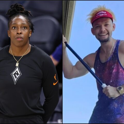 Split image: left panel shows a female athlete in a black long-sleeve shirt with a gold pendant, looking focused. right panel shows a man in a galaxy-pattern sleeveless shirt and a red visor, smiling and holding a paddle.