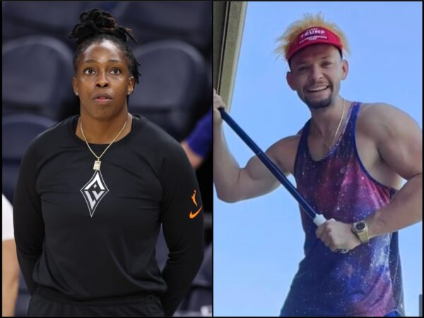 Split image: left panel shows a female athlete in a black long-sleeve shirt with a gold pendant, looking focused. right panel shows a man in a galaxy-pattern sleeveless shirt and a red visor, smiling and holding a paddle.
