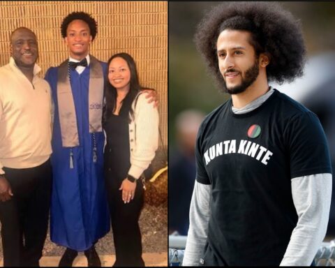 Left panel shows a graduate in a blue gown and cap flanked by a man and woman in casual attire. Right panel shows a man with a large afro wearing a black 'KUNTA KINTE' T‑shirt outdoors.