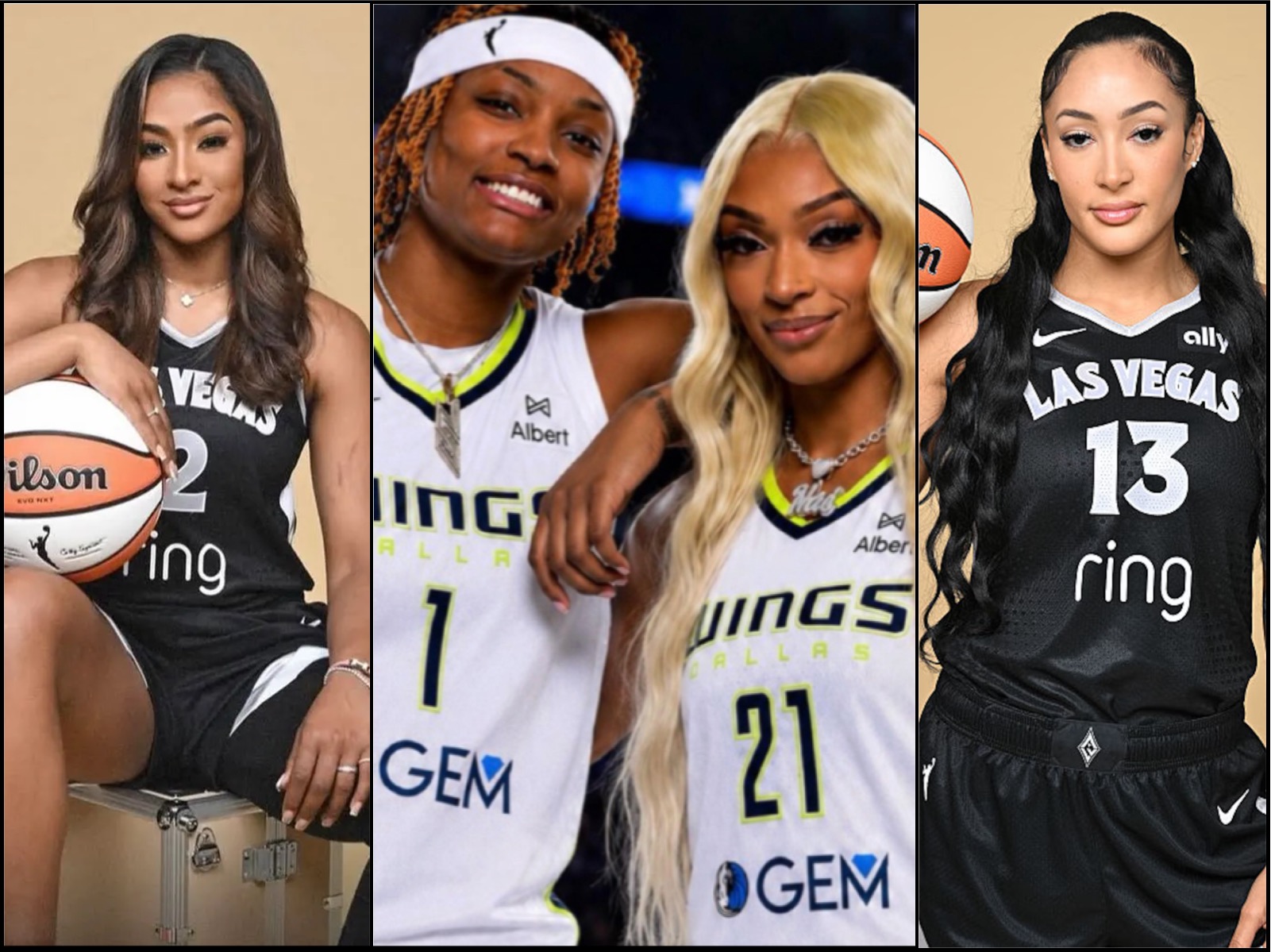 Female basketball player sitting with a basketball, wearing a black Las Vegas jersey, beige backdrop.