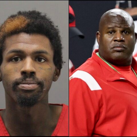 Left: mugshot of a young man with short curls and facial hair, wearing a red jail uniform. Right: man in a red tracksuit at a sports venue, looking to the side.