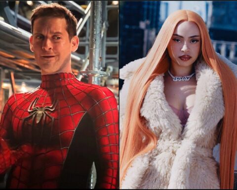 Left: man in a red Spider-Man suit in a workshop; right: woman with long orange hair in a fluffy white coat outdoors.