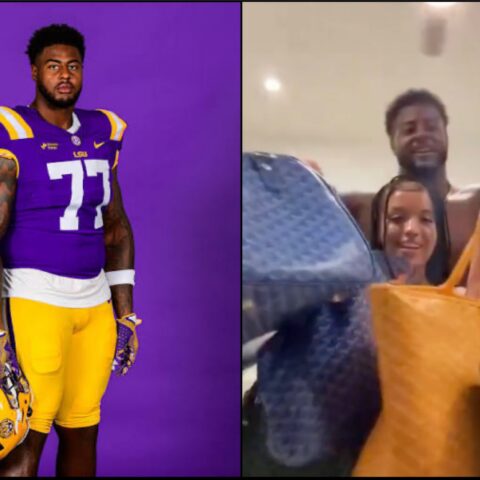 LSU football player in purple-and-gold uniform (#77) holding his helmet against a purple backdrop.