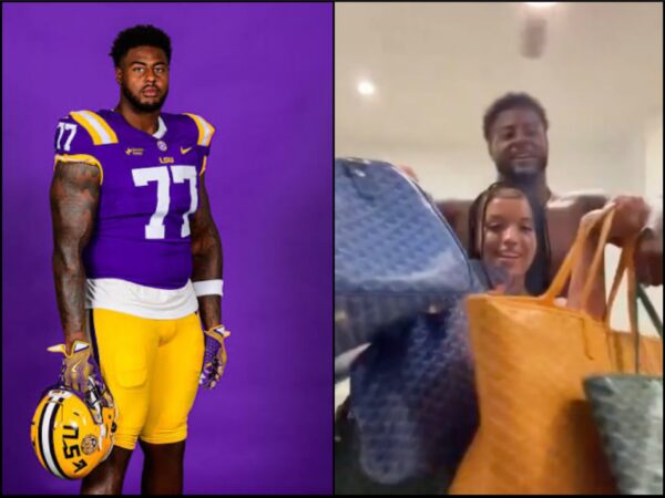 LSU football player in purple-and-gold uniform (#77) holding his helmet against a purple backdrop.