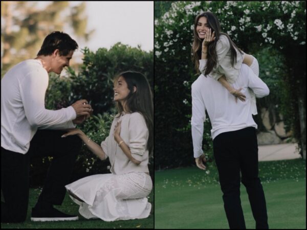 Collage of a couple in a garden: left panel shows a man kneeling to propose to a woman in a white dress, right panel shows her riding on his back while smiling outdoors.