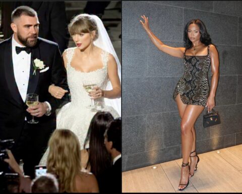 Left panel: Groomed man in a black tuxedo and white bow tie walking with a bride in a white wedding gown, both holding wine glasses at a reception. Right panel: Woman in a metallic snakeskin mini dress, posing against a gray tiled wall, holding a small black handbag.