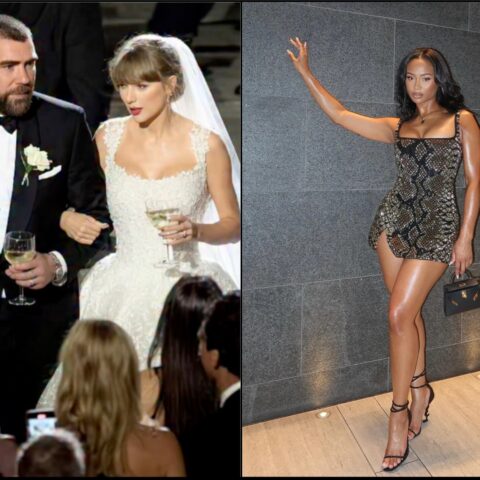 Left panel: Groomed man in a black tuxedo and white bow tie walking with a bride in a white wedding gown, both holding wine glasses at a reception. Right panel: Woman in a metallic snakeskin mini dress, posing against a gray tiled wall, holding a small black handbag.