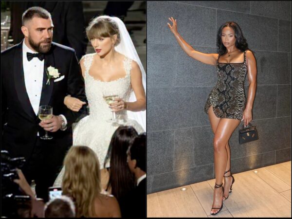 Left panel: Groomed man in a black tuxedo and white bow tie walking with a bride in a white wedding gown, both holding wine glasses at a reception. Right panel: Woman in a metallic snakeskin mini dress, posing against a gray tiled wall, holding a small black handbag.