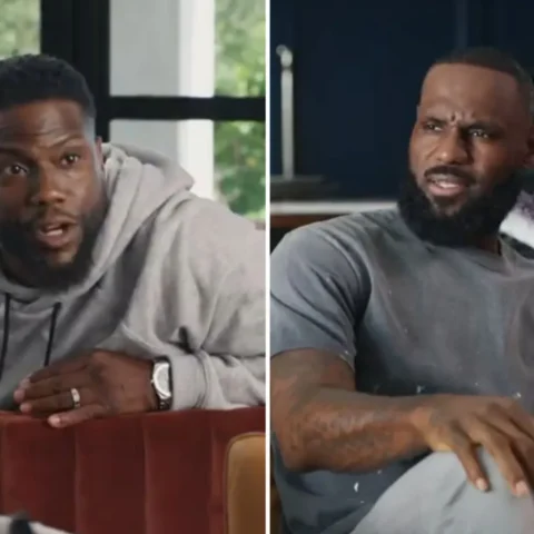 Split-screen: left man in a gray hoodie speaks, right man with a beard listens in a kitchen setup.