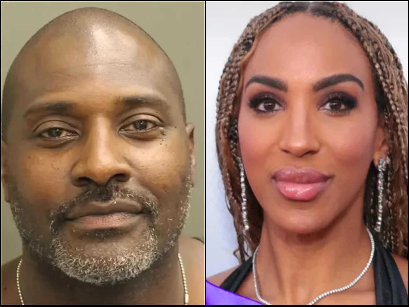 Split photo of two people: left a man with a beard and shaved head, right a woman with braided hair and makeup.