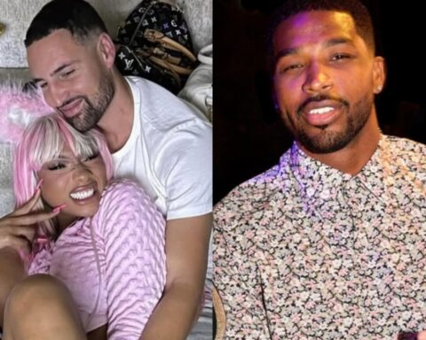 Split image: left shows a couple cuddling on a couch—woman with pink wig and fluffy ears, man smiling beside her; right shows a man in a pink floral shirt in low light.